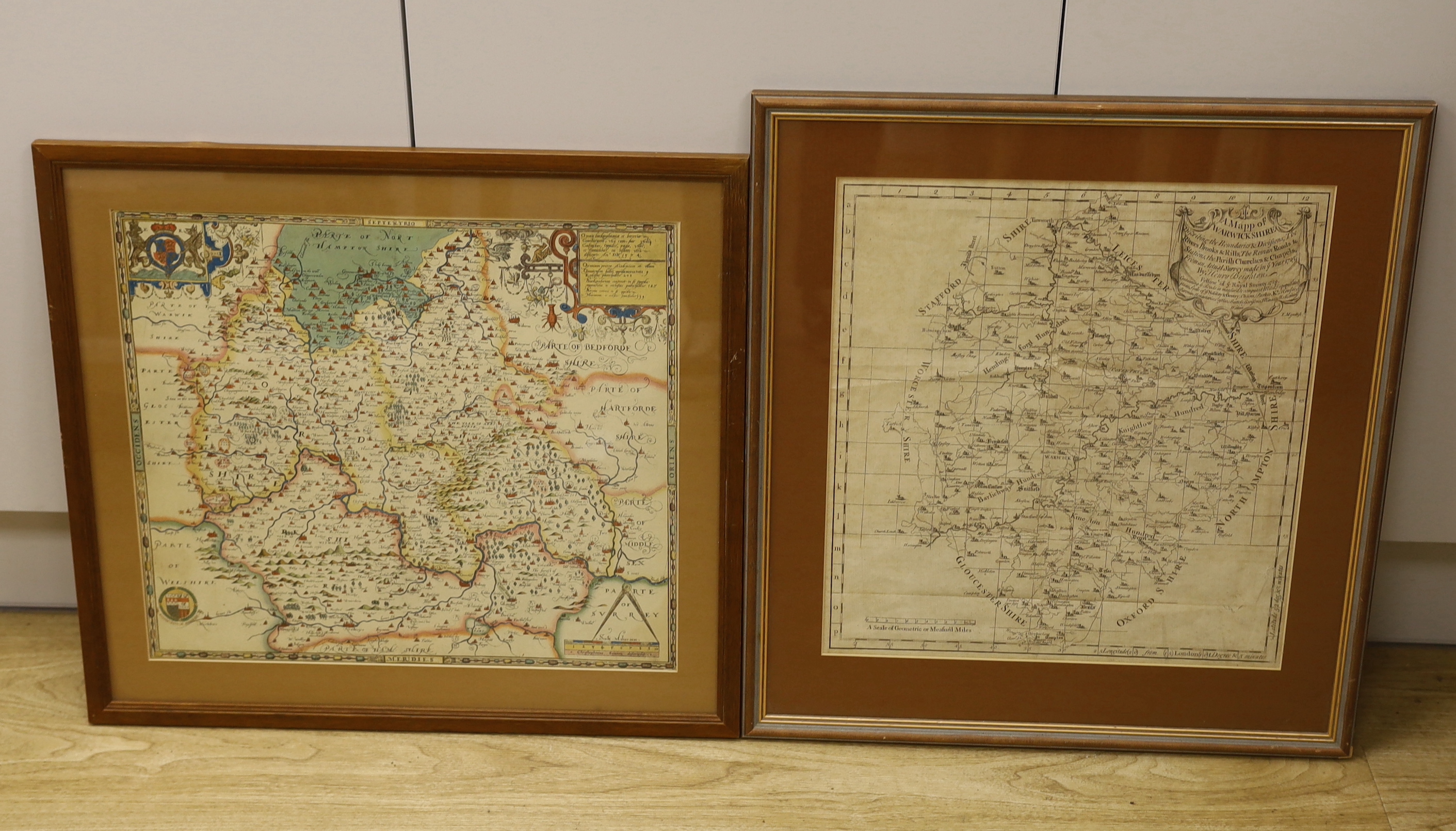 Henry Beighton (c.1687 – 1743), engraving, Map of Warwickshire together with a later reproduction of a 16th century example, largest 42 x 38cm